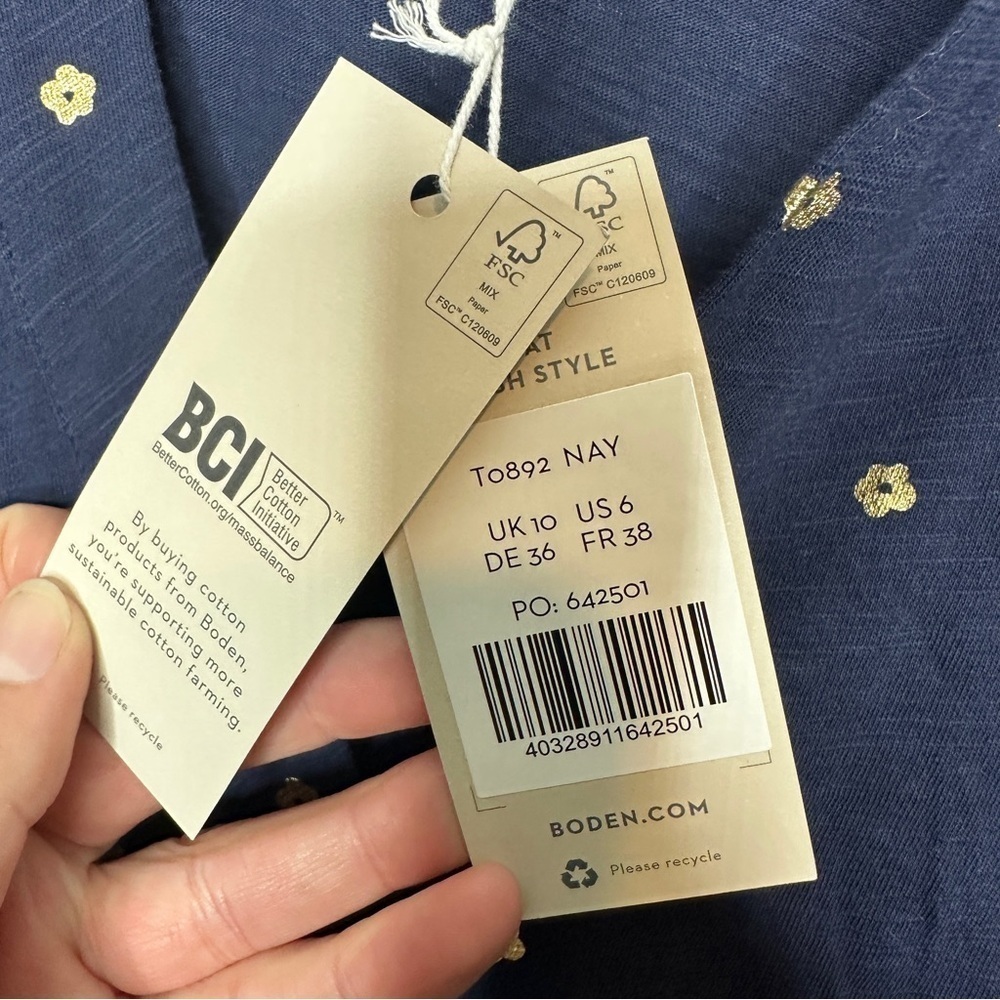 NWT Boden Notch Neck Smocked Frill Top in navy, foil dot - Picture 8 of 11